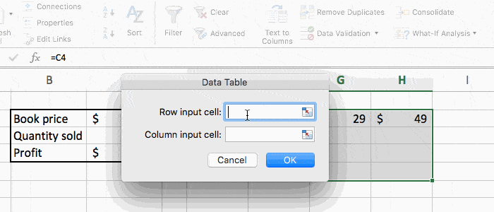 how to set up the parameters in the data table tool in excel