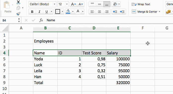 a excel table with header in bold format