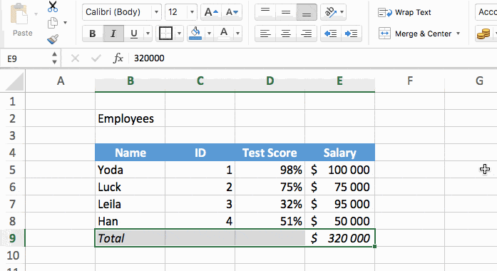 a excel table with a differently formatted total row with borders