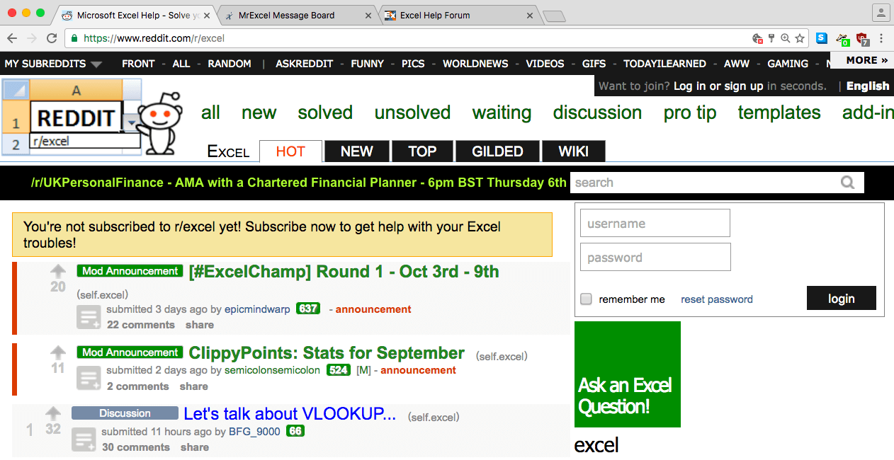 reddit forum is an active website about excel