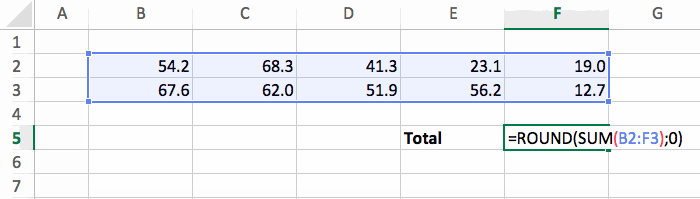 nested function in excel with round and sum functions