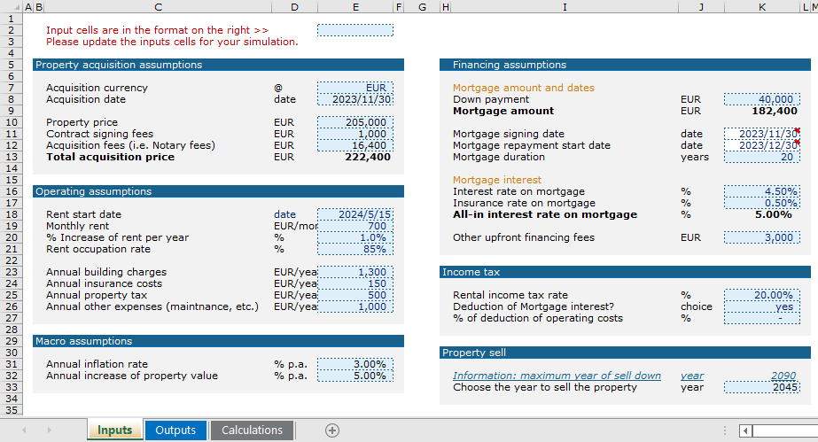an excel table with inputs for a real estate investment to be filled