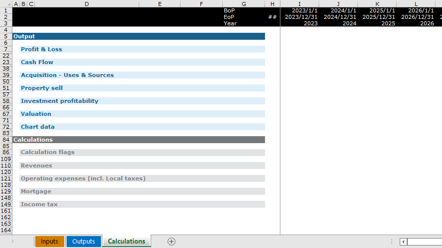 an excel table with an outline of intermediary calculations for a real estate investment