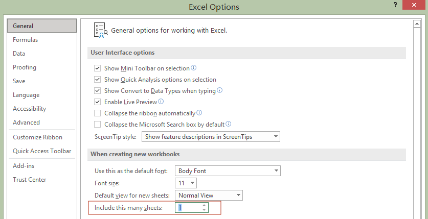 customize how many sheets to display when creating a workbook in excel setting