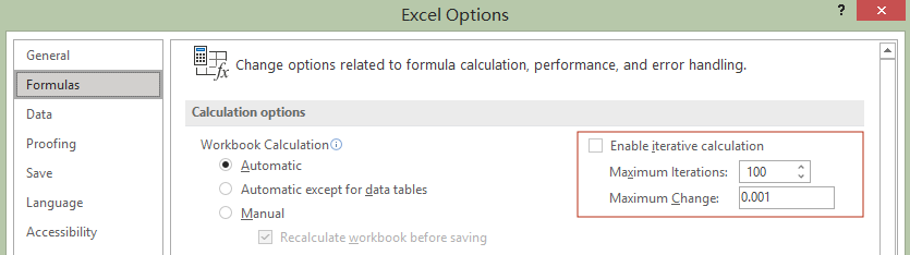 change iterative calculation option in excel setting