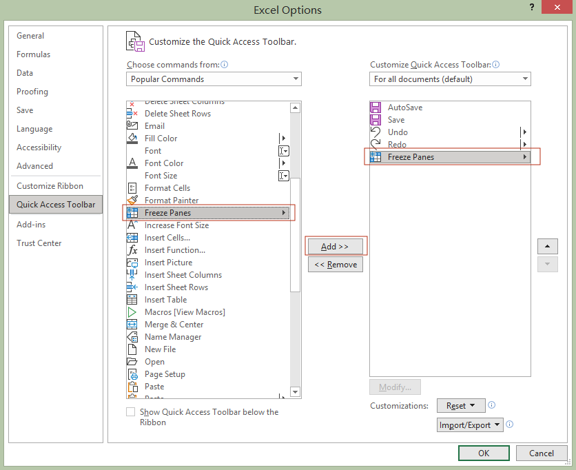 customize quick access toolbar in excel setting