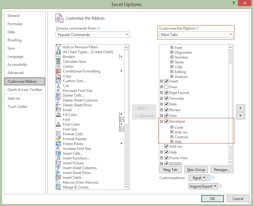 add developer tab in excel option setting