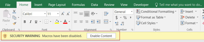 warning message about macros disabled in excel